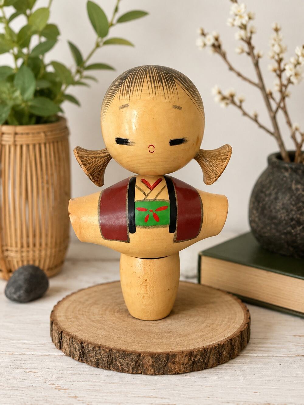 Vintage Japanese Kokeshi Wooden Doll 7 Inch Signed Hand Painted Folk Art Girl